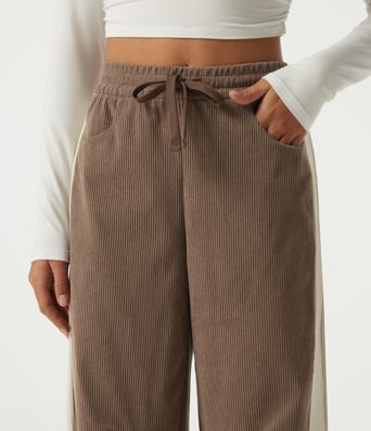 High Waisted Drawstring Color Block Barrel Leg Corduroy Casual Pants with Pockets High Waisted Drawstring Color Block Barrel Leg Corduroy Casual Pants with Pockets