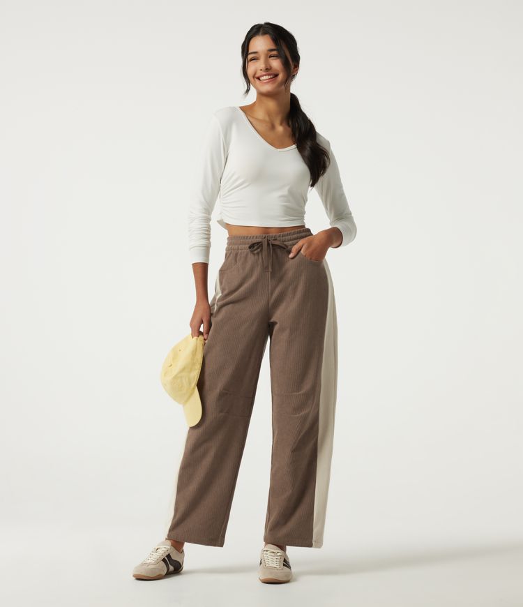 High Waisted Drawstring Color Block Barrel Leg Corduroy Casual Pants with Pockets High Waisted Drawstring Color Block Barrel Leg Corduroy Casual Pants with Pockets