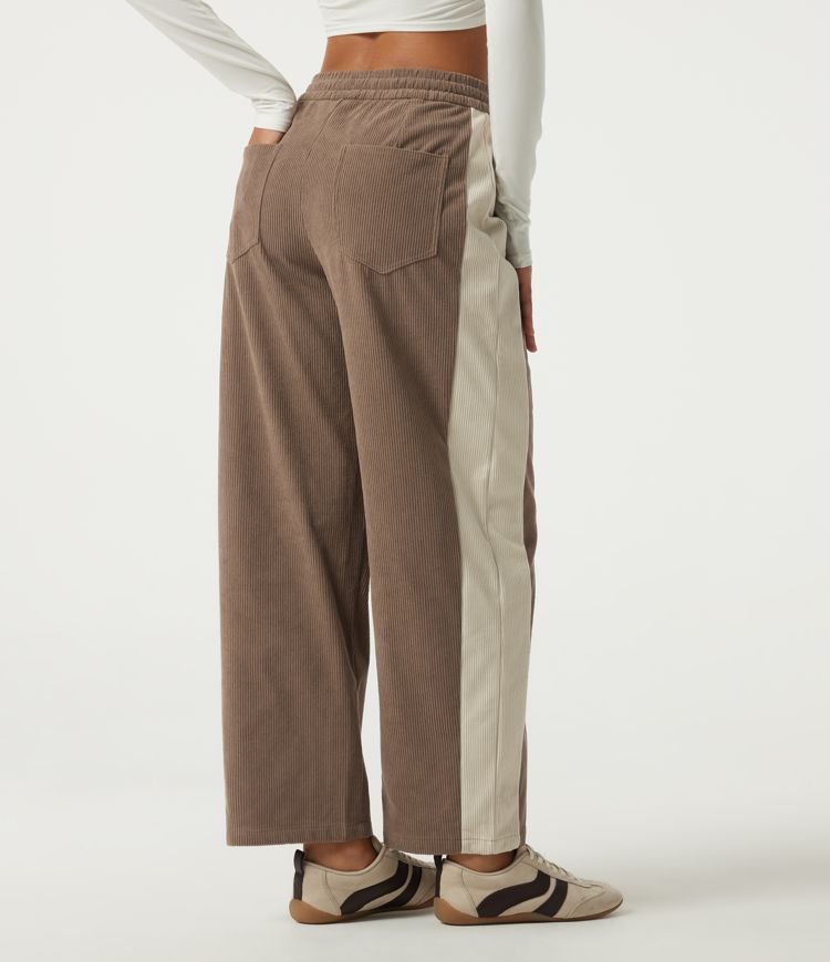 High Waisted Drawstring Color Block Barrel Leg Corduroy Casual Pants with Pockets High Waisted Drawstring Color Block Barrel Leg Corduroy Casual Pants with Pockets