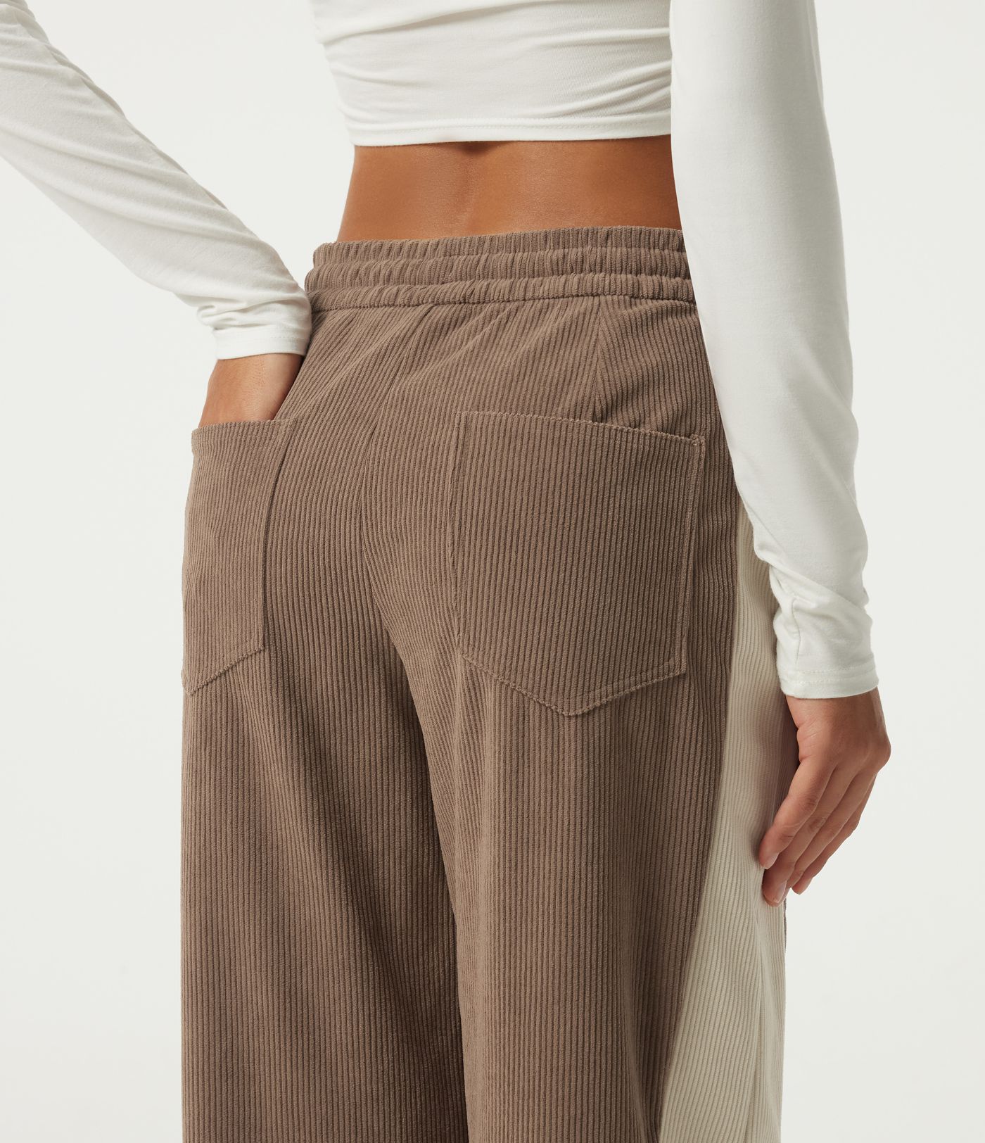 High Waisted Drawstring Color Block Barrel Leg Corduroy Casual Pants with Pockets High Waisted Drawstring Color Block Barrel Leg Corduroy Casual Pants with Pockets