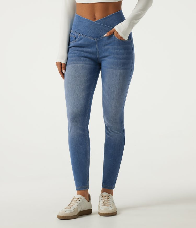 Halara Flex™ High Waisted Tummy Control Crossover Skinny Casual Jeans with Pockets Halara Flex™ High Waisted Tummy Control Crossover Skinny Casual Jeans with Pockets