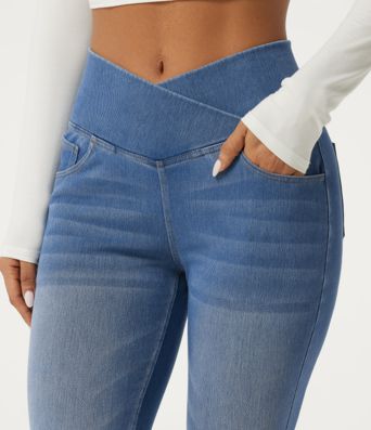 Halara Flex™ High Waisted Tummy Control Crossover Skinny Casual Jeans with Pockets Halara Flex™ High Waisted Tummy Control Crossover Skinny Casual Jeans with Pockets