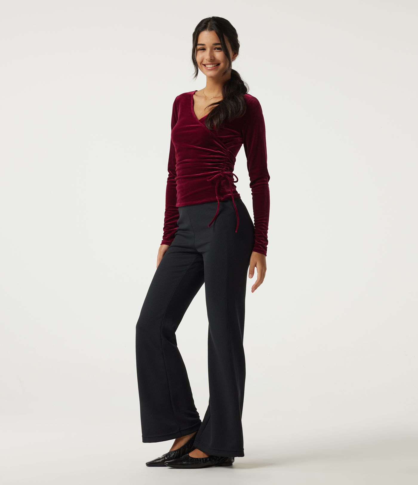 V Neck Long Sleeve Crossover Ruched Velvet Casual Top