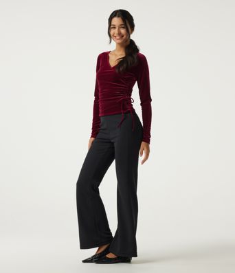 V Neck Long Sleeve Crossover Ruched Velvet Casual Top