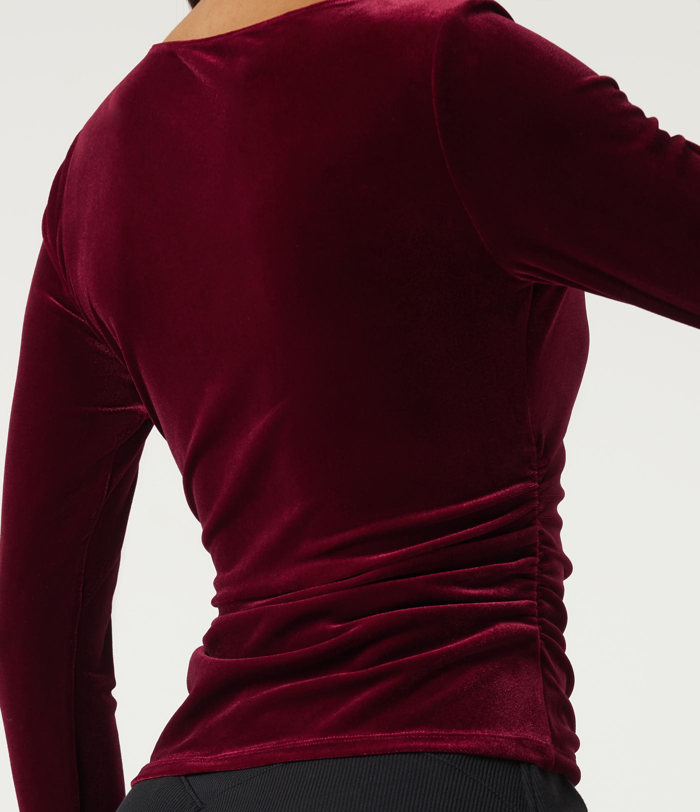 V Neck Long Sleeve Crossover Ruched Velvet Casual Top