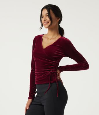 V Neck Long Sleeve Crossover Ruched Velvet Casual Top