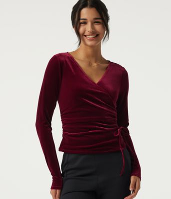 V Neck Long Sleeve Crossover Ruched Velvet Casual Top