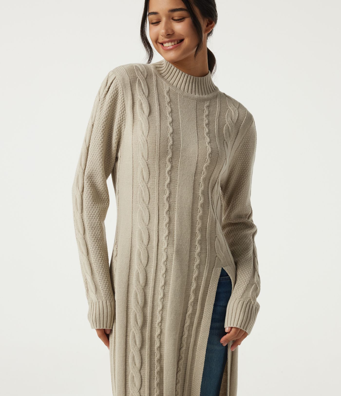 Mock Neck Long Sleeve Cable Stitch Casual Midi Sweater Dress