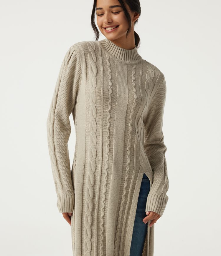 Mock Neck Long Sleeve Cable Stitch Casual Midi Sweater Dress