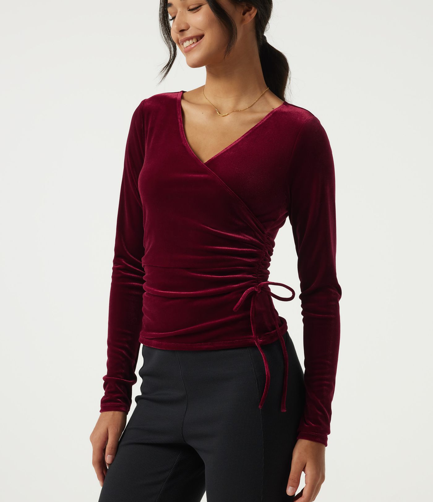 V Neck Long Sleeve Crossover Ruched Velvet Casual Top