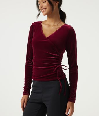 V Neck Long Sleeve Crossover Ruched Velvet Casual Top