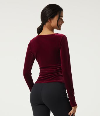 V Neck Long Sleeve Crossover Ruched Velvet Casual Top