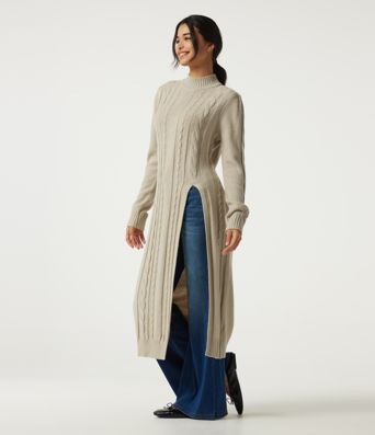 Mock Neck Long Sleeve Cable Stitch Casual Midi Sweater Dress