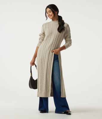 Mock Neck Long Sleeve Cable Stitch Casual Midi Sweater Dress