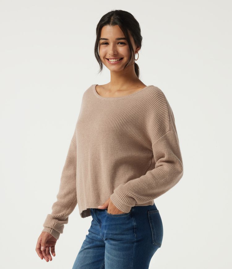 Boat Neck Long Sleeve Cut Out Back Casual Sweater