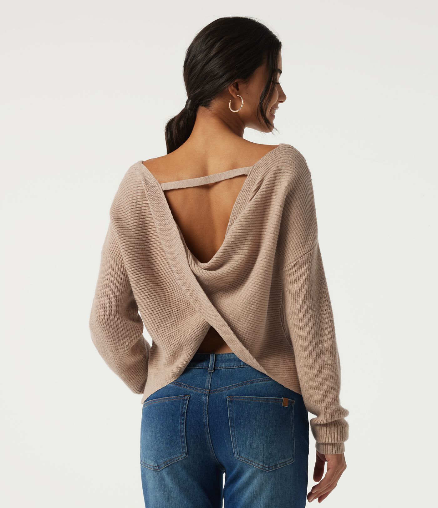 Boat Neck Long Sleeve Cut Out Back Casual Sweater