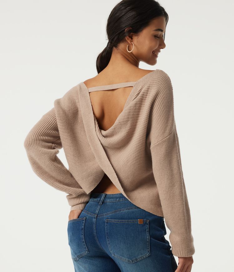 Boat Neck Long Sleeve Cut Out Back Casual Sweater