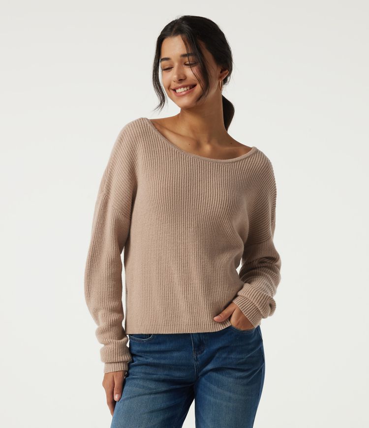 Boat Neck Long Sleeve Cut Out Back Casual Sweater