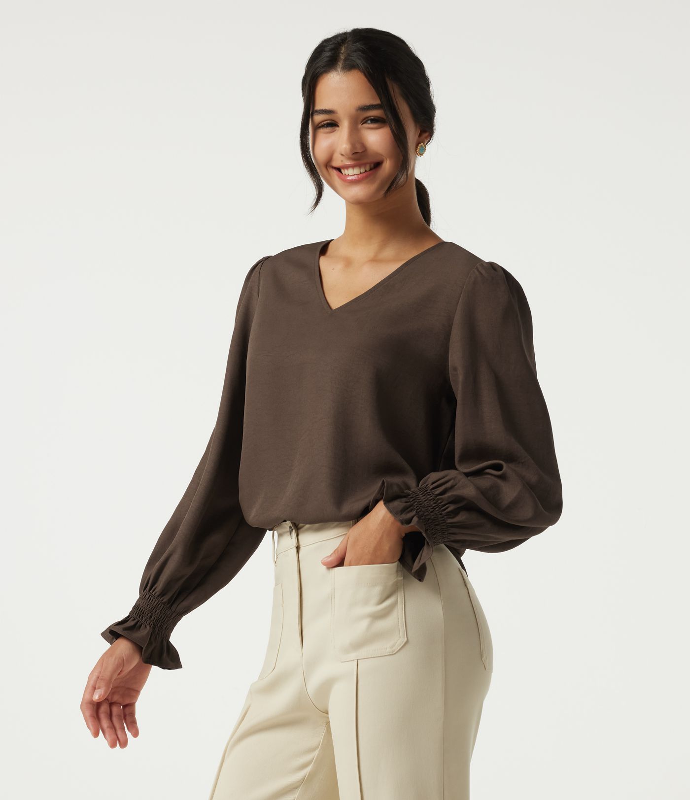 V-Neck Bishop Long Sleeve Work Blouse V-Neck Bishop Long Sleeve Work Blouse