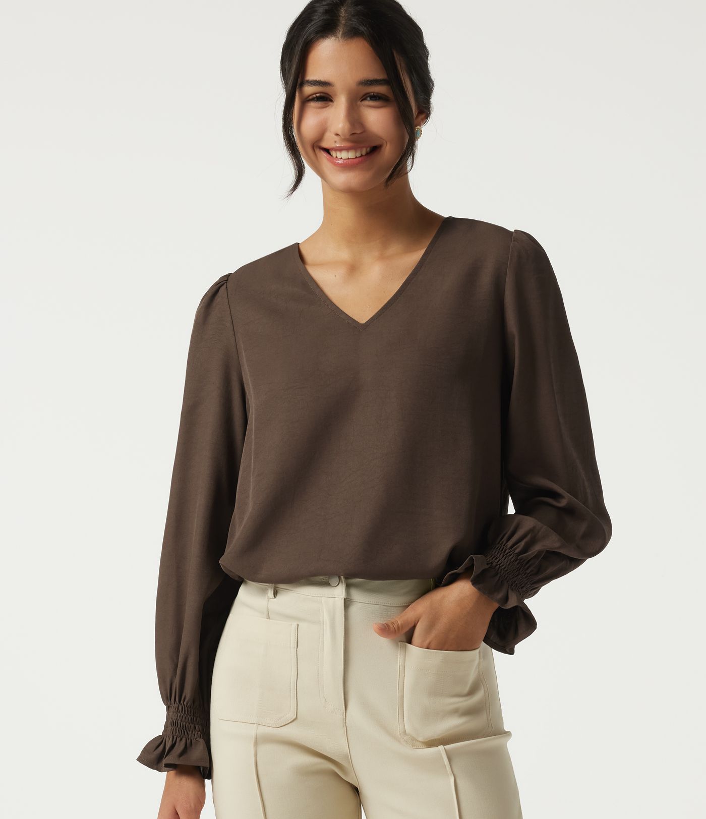 V-Neck Bishop Long Sleeve Work Blouse V-Neck Bishop Long Sleeve Work Blouse