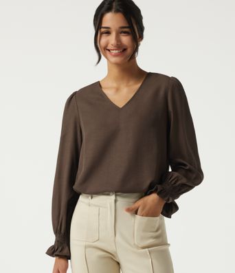 V-Neck Bishop Long Sleeve Work Blouse