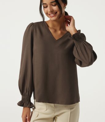 V-Neck Bishop Long Sleeve Work Blouse