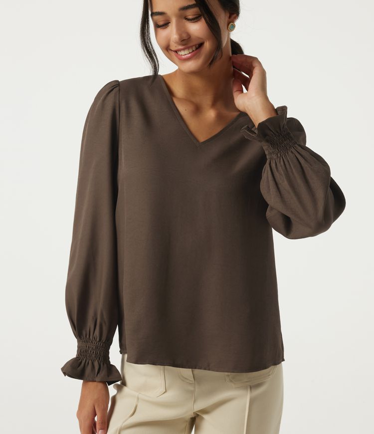 V-Neck Bishop Long Sleeve Work Blouse