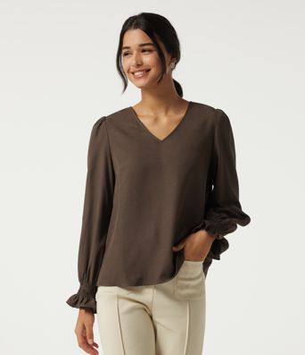 V-Neck Bishop Long Sleeve Work Blouse