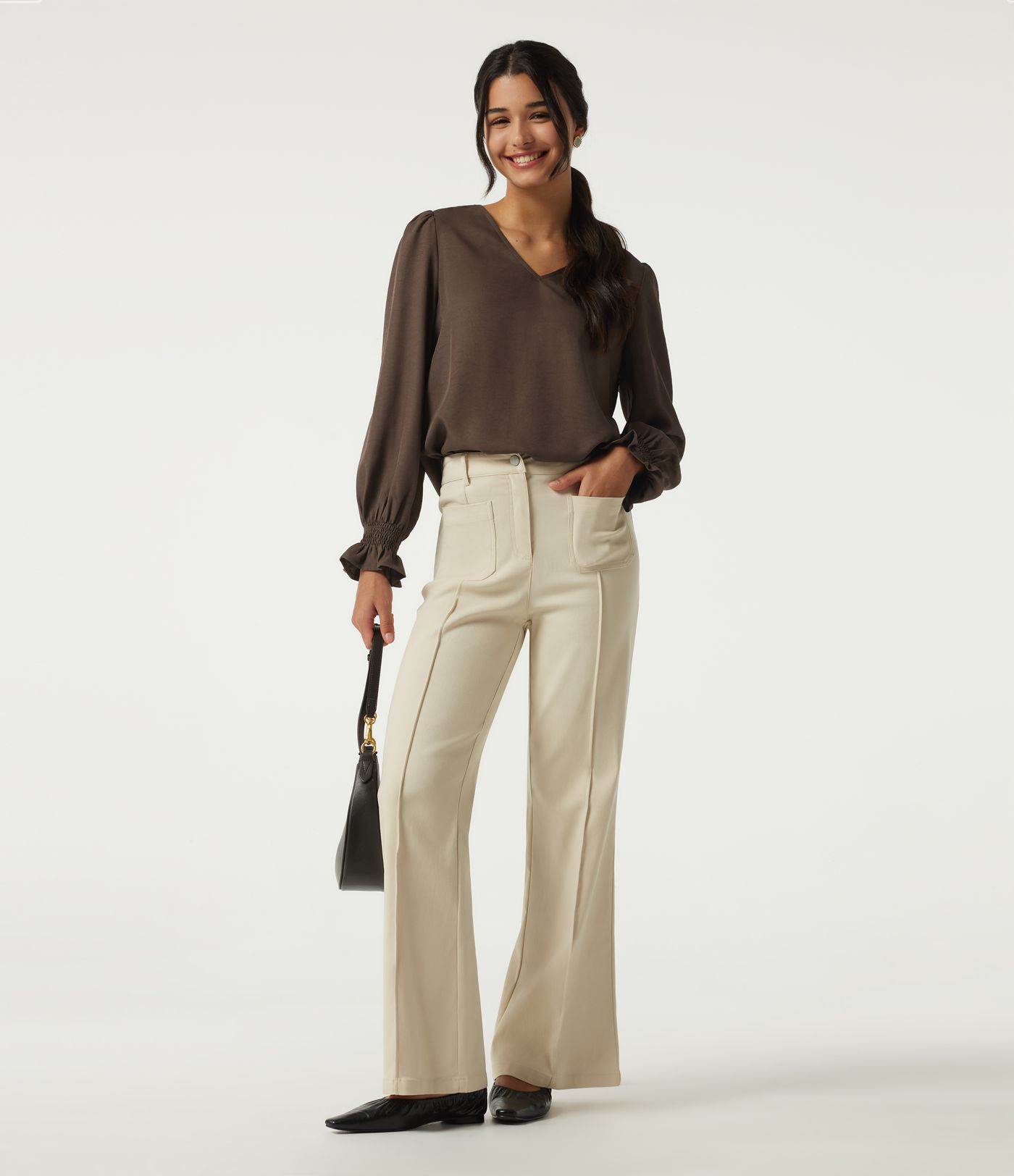 V-Neck Bishop Long Sleeve Work Blouse V-Neck Bishop Long Sleeve Work Blouse