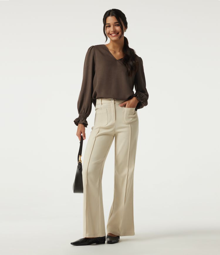 V-Neck Bishop Long Sleeve Work Blouse