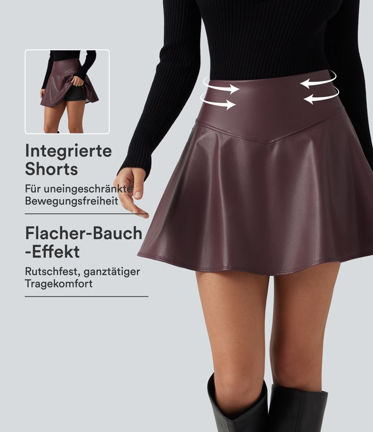 Lässiger 2-in-1 Fleece-Minirock aus Kunstleder mit hohem Bund, Seitentaschen, Bauchkontrolle und integrierten Shorts