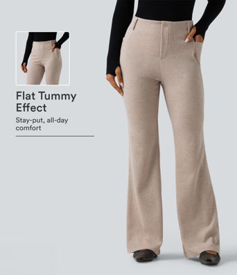 Ribbed High Waisted Tummy Control Casual Flare Pants with Pockets Ribbed High Waisted Tummy Control Casual Flare Pants with Pockets