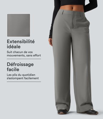 Pantalon de bureau droit à taille mi-haute et défroissage facile avec poches