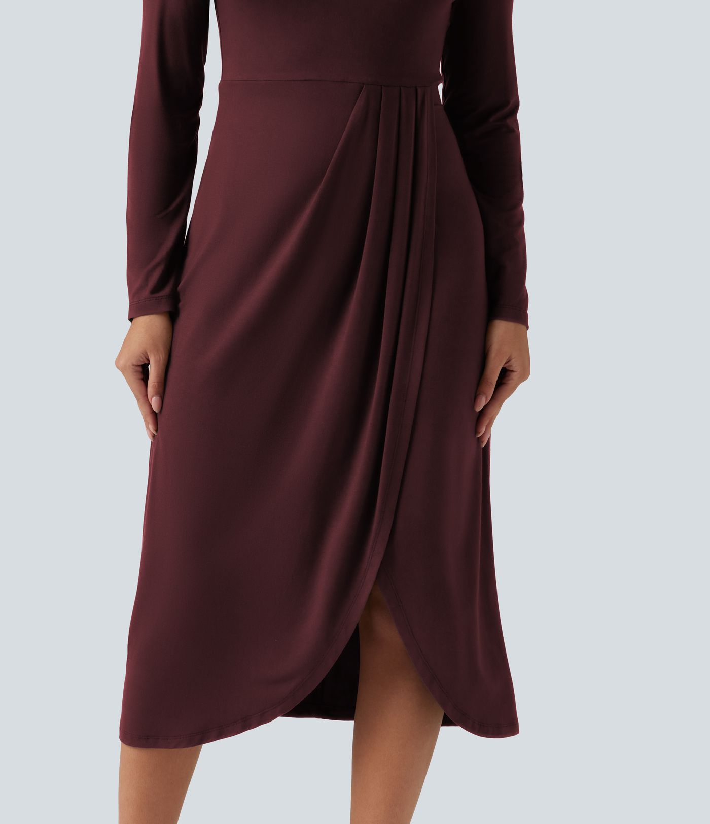 V Neck Long Sleeve Asymmetric Work Midi Dress