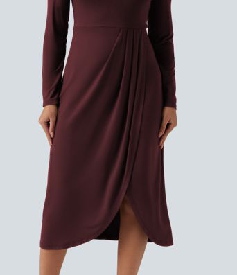 V Neck Long Sleeve Asymmetric Work Midi Dress