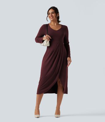 V Neck Long Sleeve Asymmetric Work Midi Dress