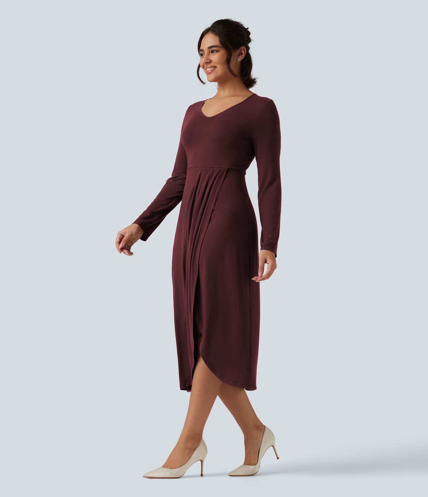 V Neck Long Sleeve Asymmetric Work Midi Dress
