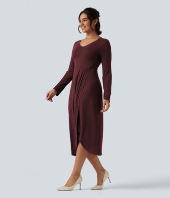 V Neck Long Sleeve Asymmetric Work Midi Dress
