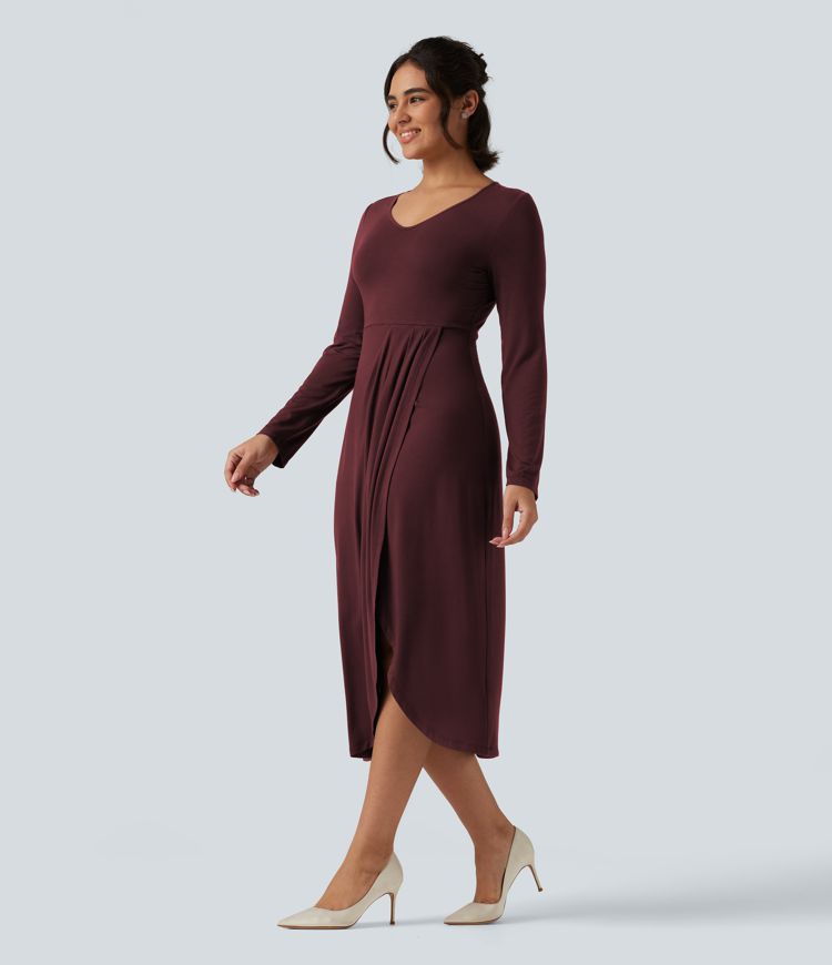 V Neck Long Sleeve Asymmetric Work Midi Dress