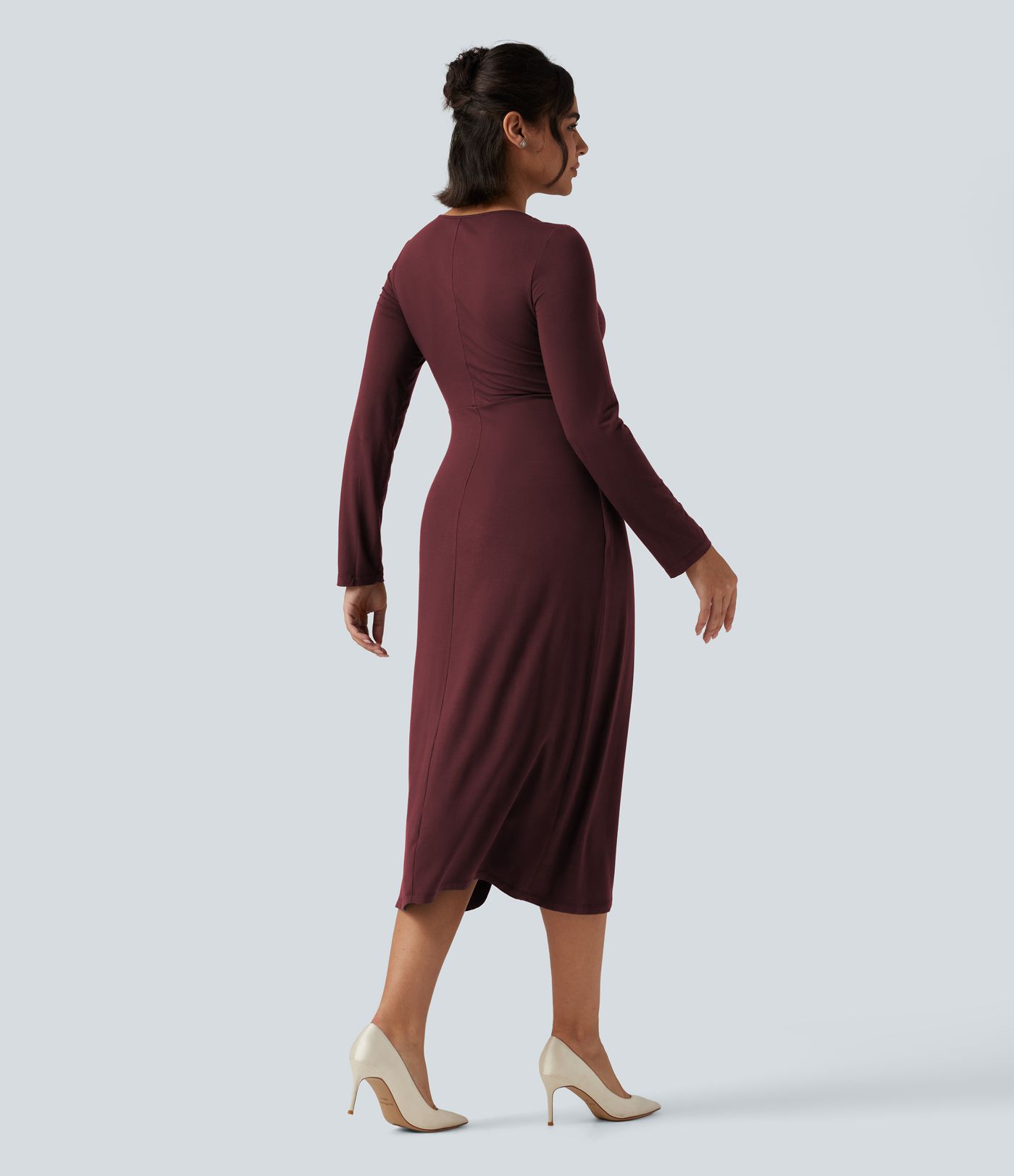 V Neck Long Sleeve Asymmetric Work Midi Dress