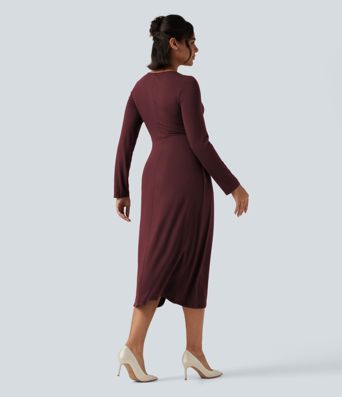 V Neck Long Sleeve Asymmetric Work Midi Dress