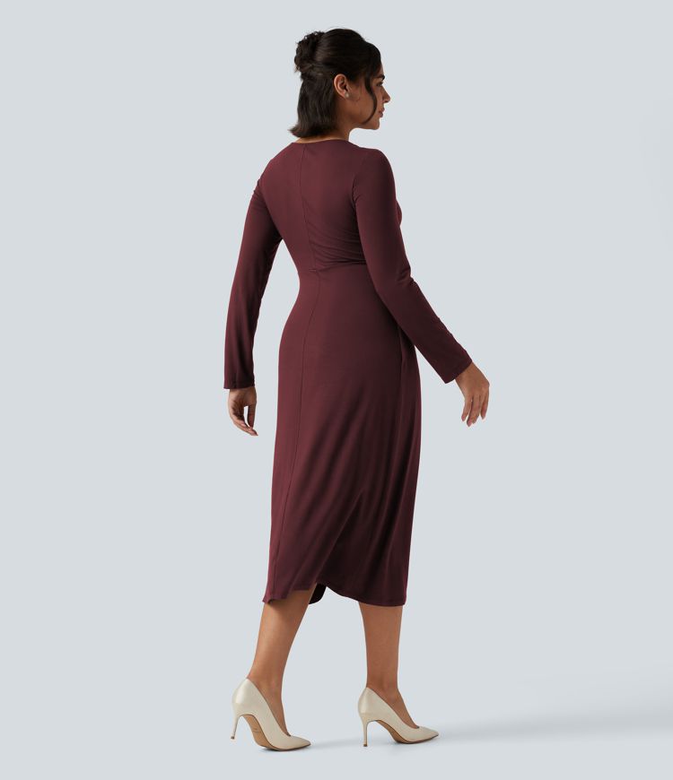V Neck Long Sleeve Asymmetric Work Midi Dress