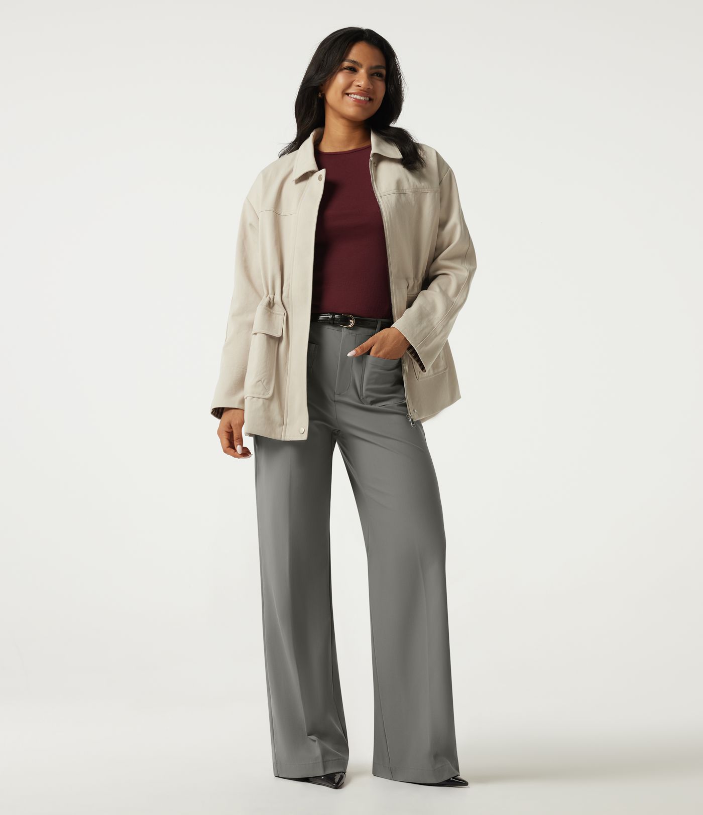Wrinkle Recovery High Waisted Wide Leg Work Pants with Pockets
