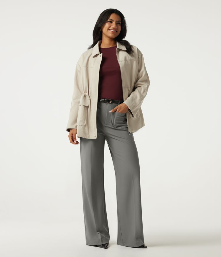 Wrinkle Recovery High Waisted Wide Leg Work Pants with Pockets