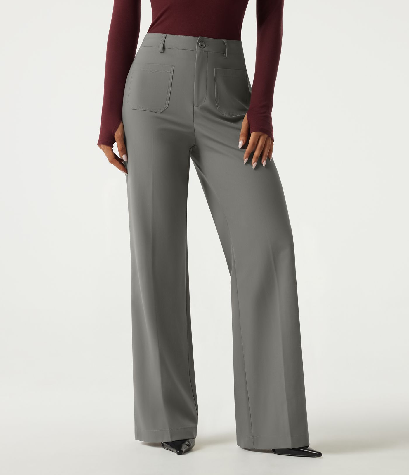Wrinkle Recovery High Waisted Wide Leg Work Pants with Pockets