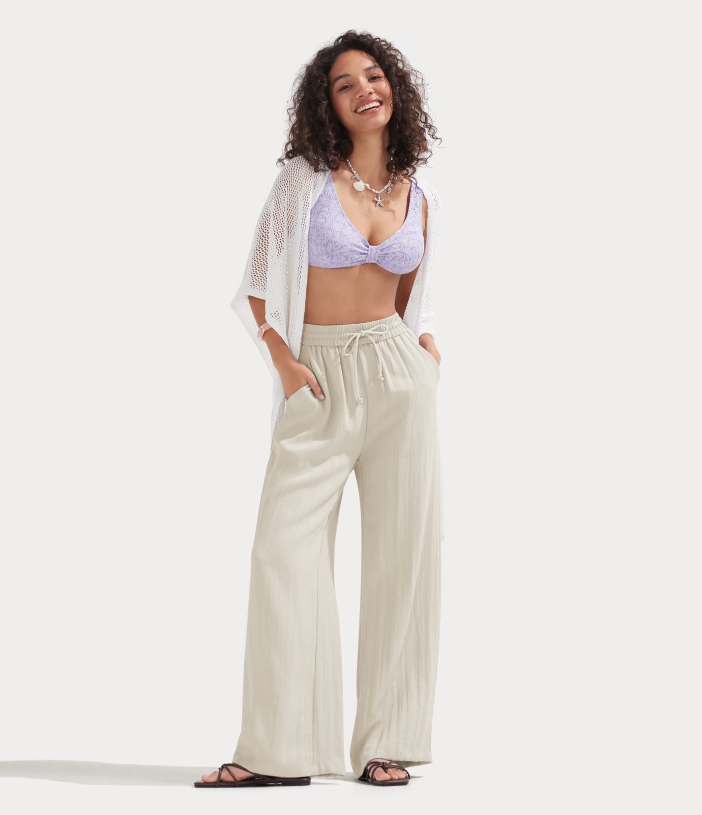 High Waisted Drawstring Pocket Wide Leg Casual Linen-Feel Trousers