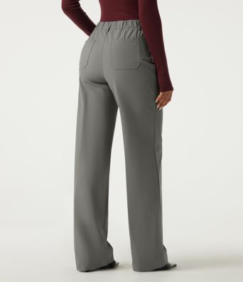 Wrinkle Recovery High Waisted Wide Leg Work Pants with Pockets