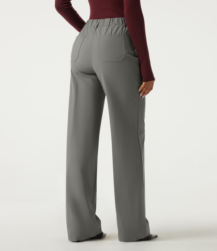 Wrinkle Recovery High Waisted Wide Leg Work Pants with Pockets