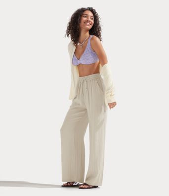 High Waisted Drawstring Pocket Wide Leg Casual Linen-Feel Trousers