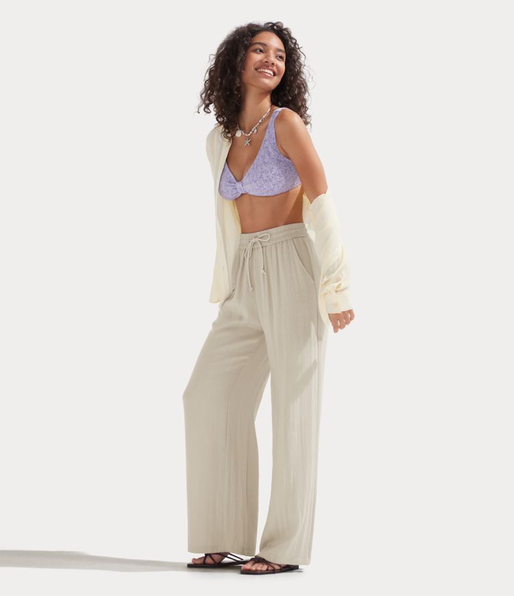 High Waisted Drawstring Pocket Wide Leg Casual Linen-Feel Trousers